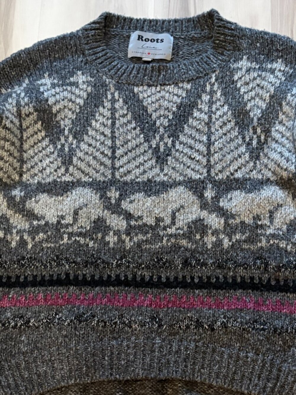 Roots x LINE Knitwear Fair Isle Nordic Sweater Gray Pink Size M - Picture 5 of 10